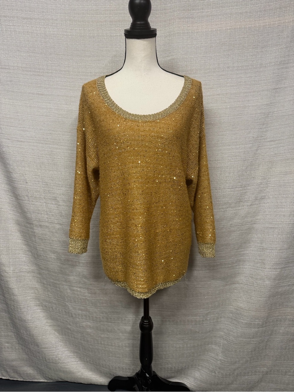 ✨ Reba Metallic Gold Knit Sweater | Sequin Scoop Neck | Size Large
